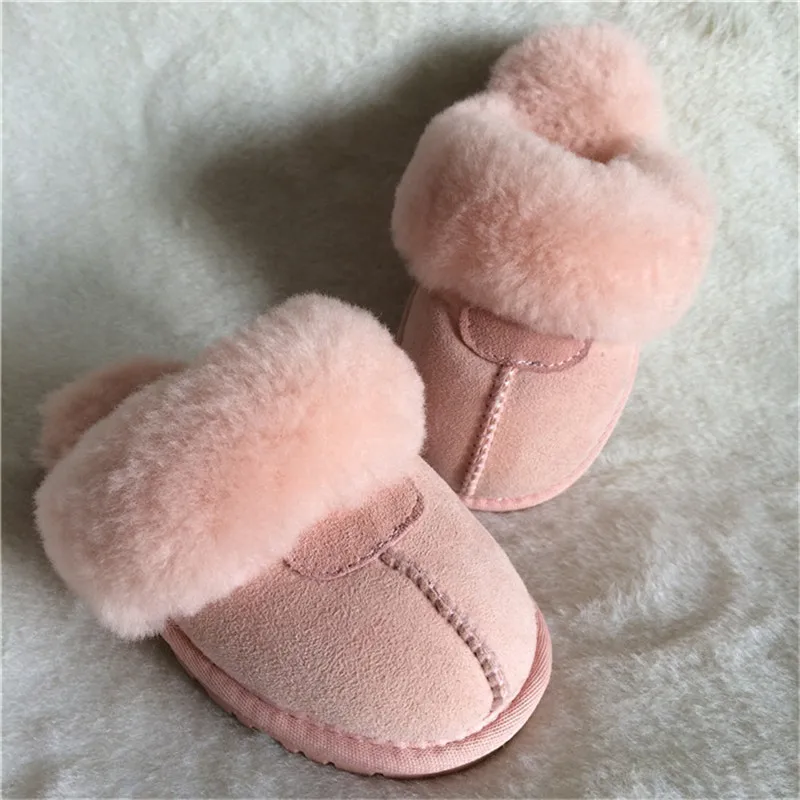 Boys Girls 2022 Natural Sheepskin Fur Slippers Child Winter Slippers Childern Warm Indoor Slippers Soft Wool Home Slippers