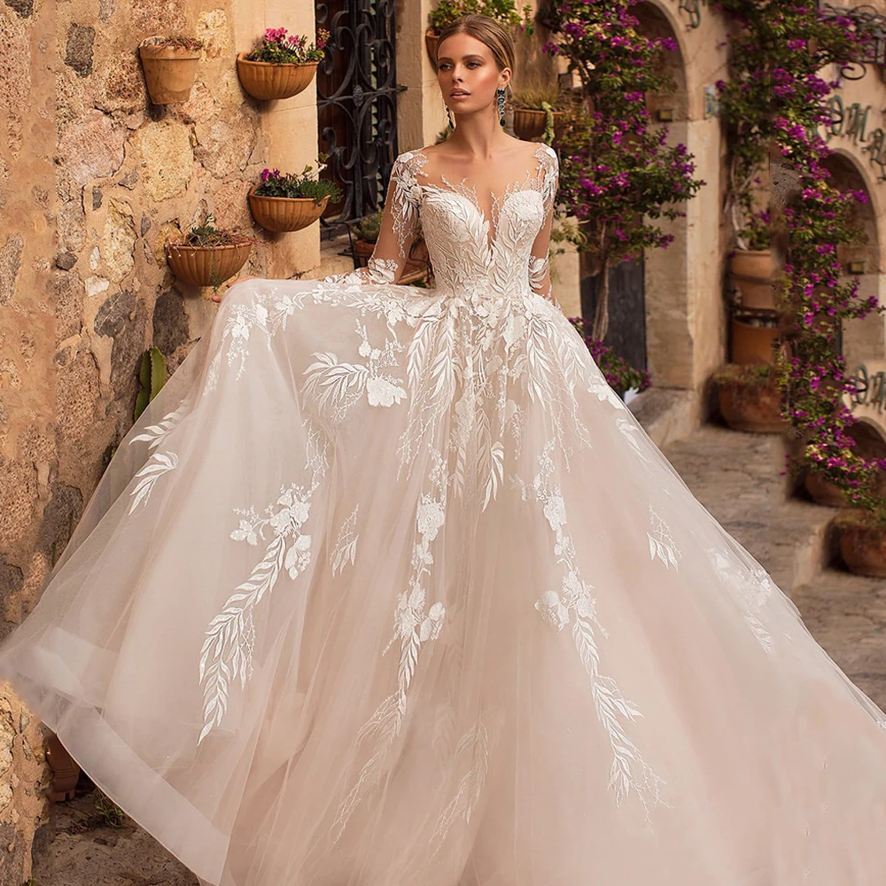 Goegeous-Robe de Mariée à Manches sulfPersonnalisée, Col Rond, Dentelle, Appliques, Tulle, lèvent dans le Dos