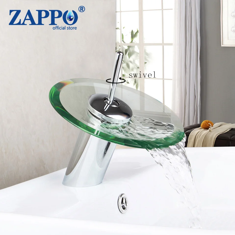 

ZAPPO Bathroom Basin Sink Faucet Single Lever Waterfall Faucets Glass Hot Cold Mixer Deck Mounted Chrome Finished Tap