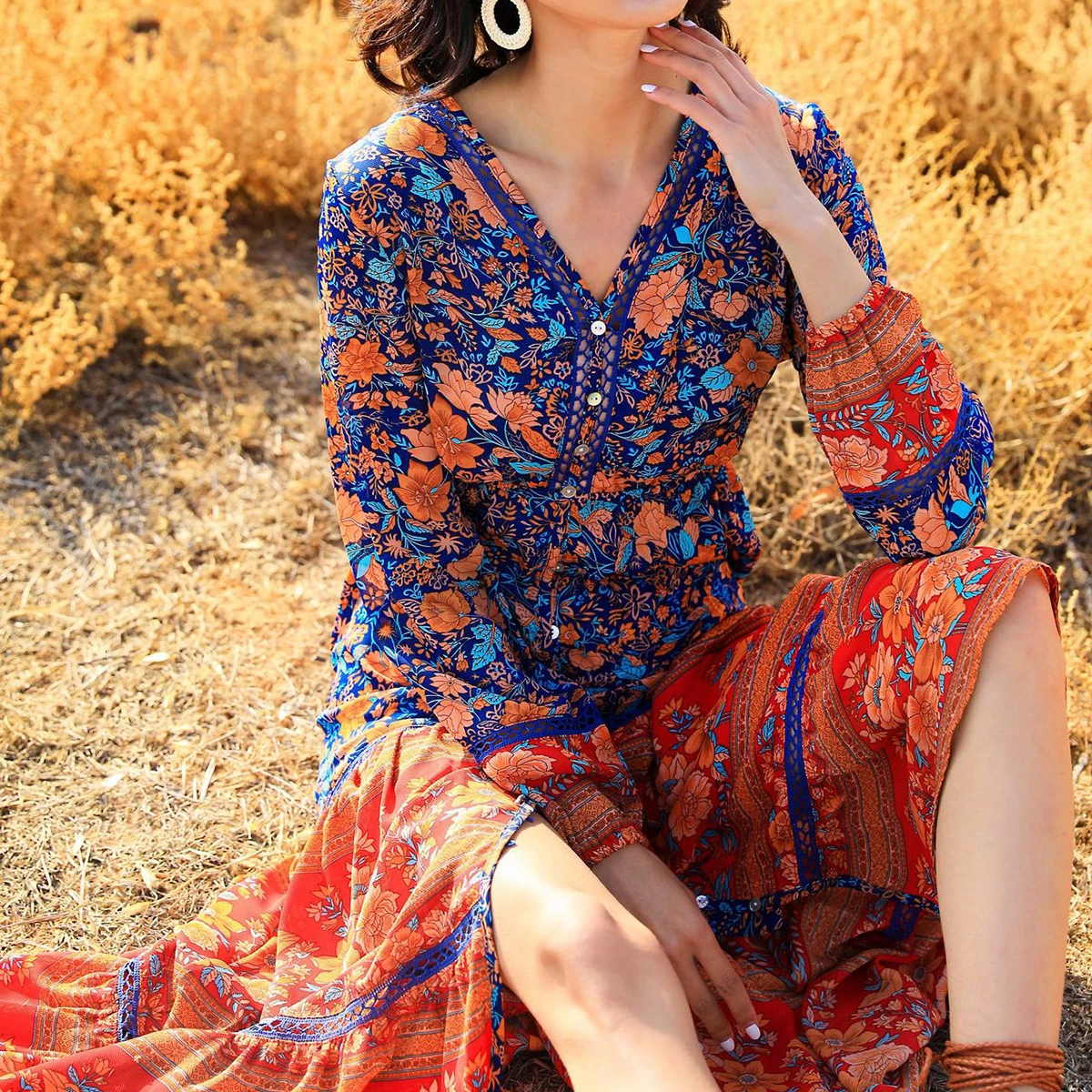 

Jastie Retro Bohemian Women Summer Dresses 2022 V-Neck Long Sleeve Single-Breasted High Waist Slim Midi Dress
