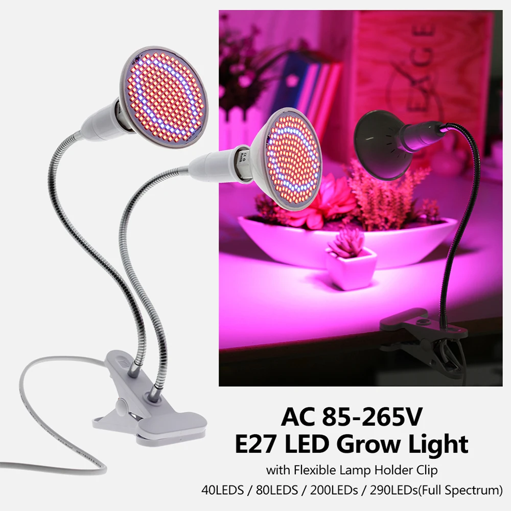 LED Grow Light Full Spectrum com suporte E27 Lamp Clip-on Lâmpadas Fito 72LEDs 200LEDs 290LEDs para plantas de interior Crescimento Flores