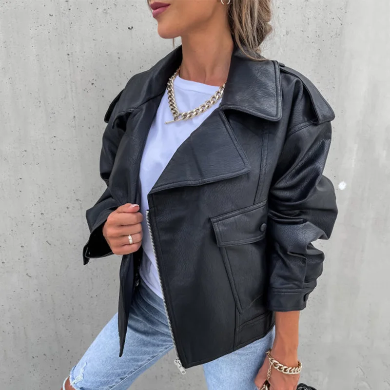 Ardm Kasual PU Kulit Imitasi Hitam Куртканнскаосена Jaket Kulit Biker Lurus Lengan Panjang Mantel Wanita Kantor Pakaian Luar Crop