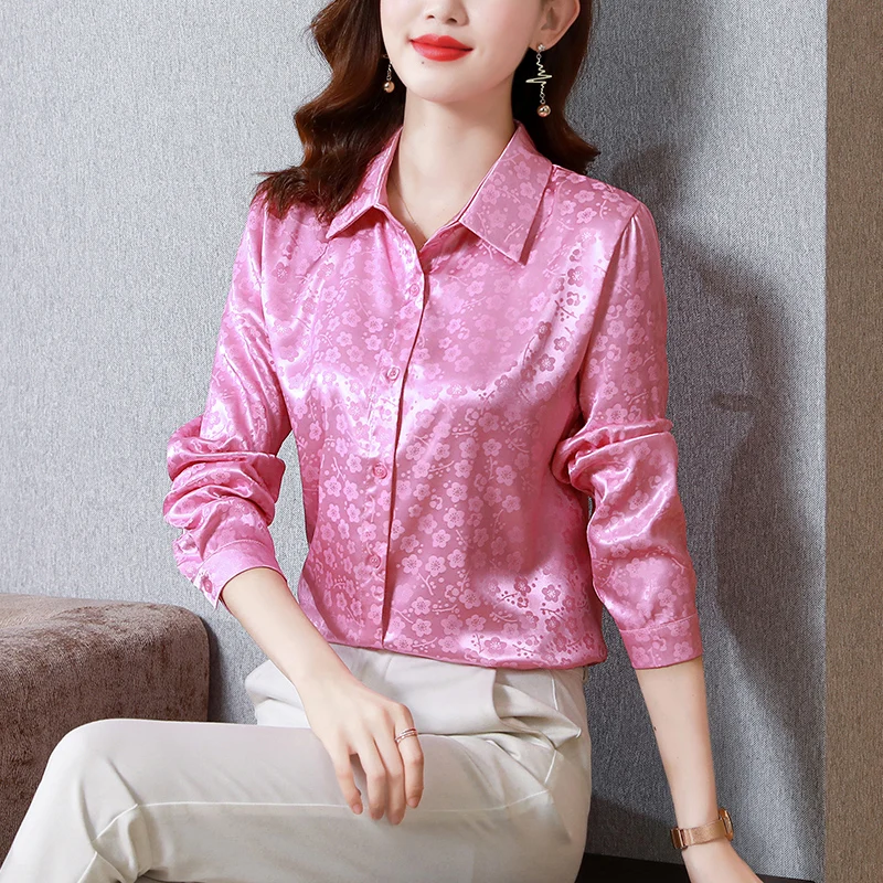 Elegant Office Ladies Flower Work Shirts Women Satin Silk Blouse Fashion Slim Spring Autumn Long Sleeve Silk Shirt Party Tops