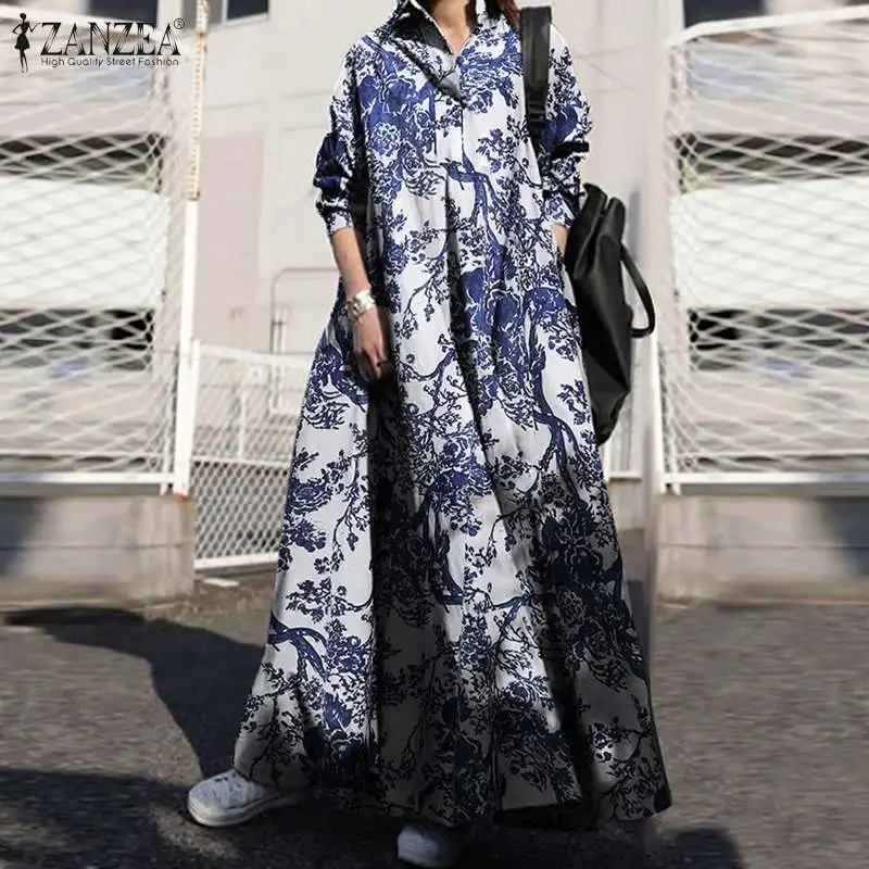 ZANZEA 2023 Casual Long Sleeve Button Vestidos Oversized Vintage Printed Maxi Dress Women's Autumn Shirt Dress Female Laple Robe