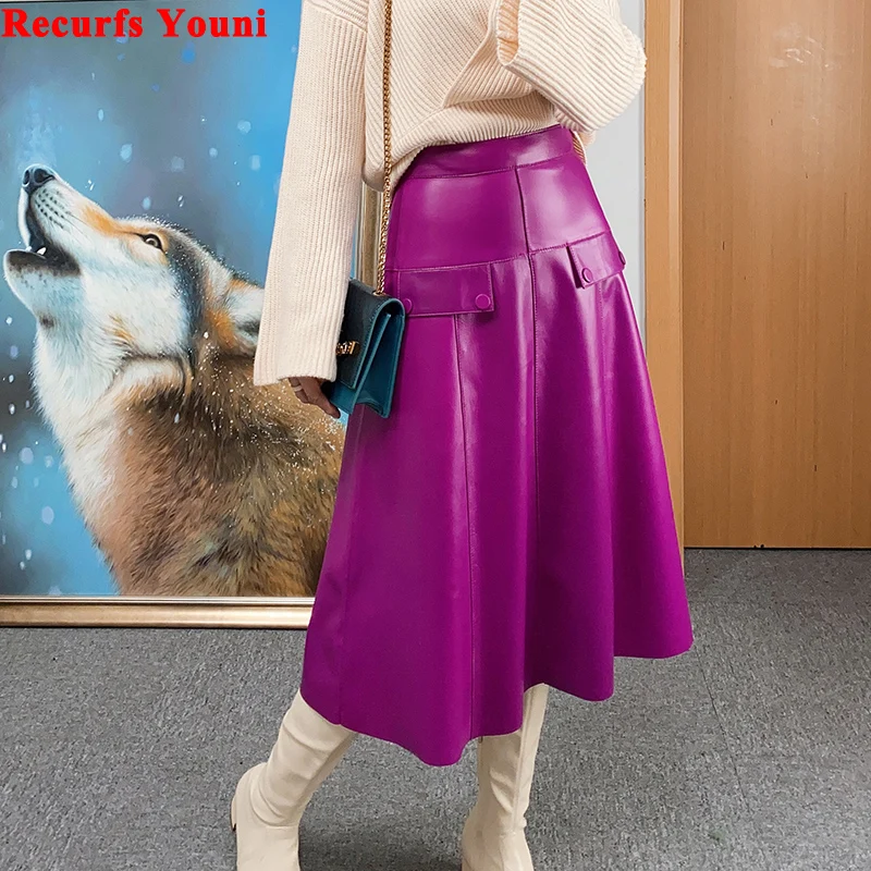 French Style Stylish Purple Skirt 2022 Spring Women Retro Genuine Leather Over-the-knee 70CM Long Faldas Mujer Pleated Maxi Jupe