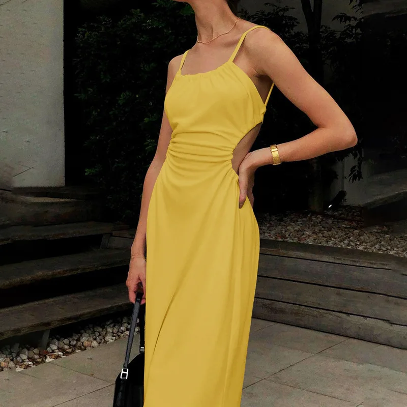 

Sexy Halter Mid-length Dress Ladies Party Dress Elegant Ladies Long Skirt 2023 Summer Italian Spaghetti Strap Dress Solid Color