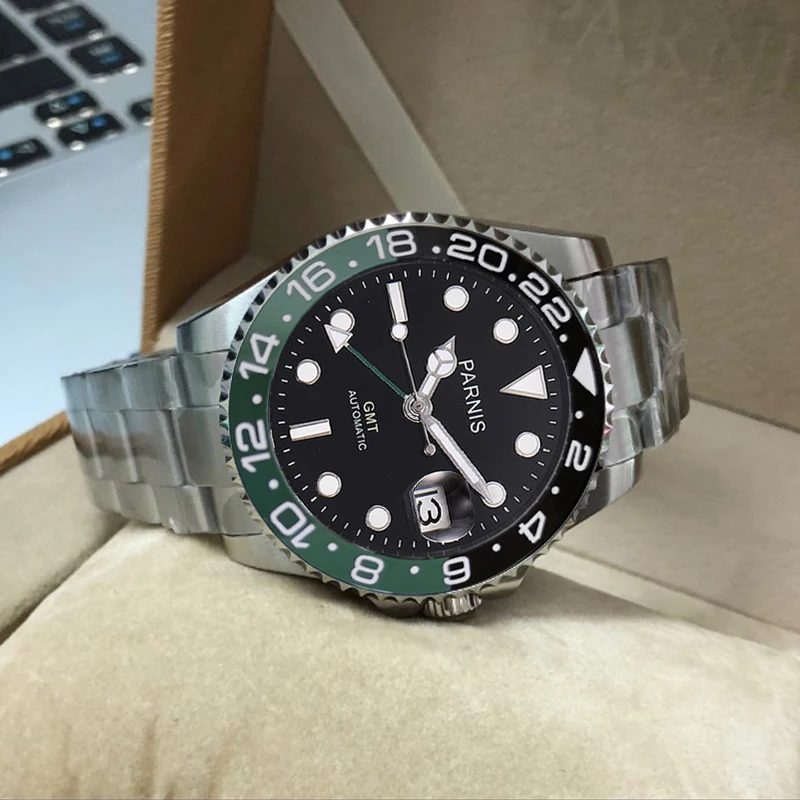 2024 New Parnis 40mm Black Green Bezel Mechanical Watches Green GMT Sapphire Crystal Men's Wristwatch Automatic Calendar Clock