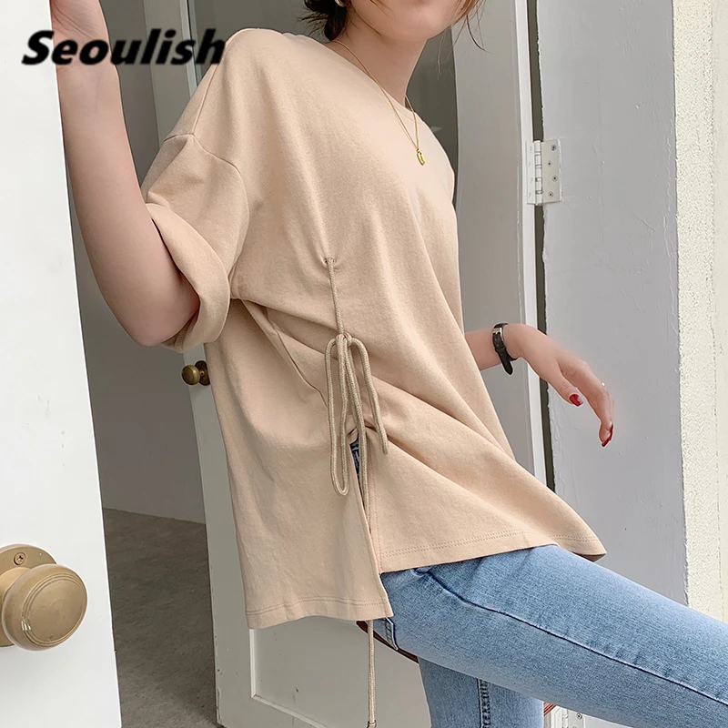 

Seoulish 2021 New Summer Lace Up Women T-Shirts Short Sleeve Oversize O-Neck Bottoming Casual Solid Split Female Loose Tops Tee