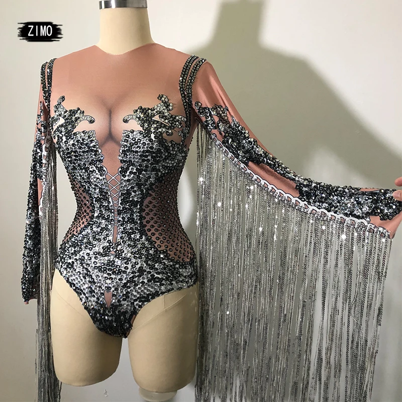 

sparkly Rhinestones Sequin Tassel Bodysuit Women Fringes nightclub Dancer Leotard bar DS Singer dance Stage costume performance