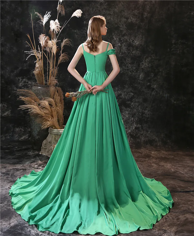 2020 New Coming Evening Dress Green Spaghetti Strap Flowers Scoop Neck Split Sexy A-line Sweep Train Prom Dress