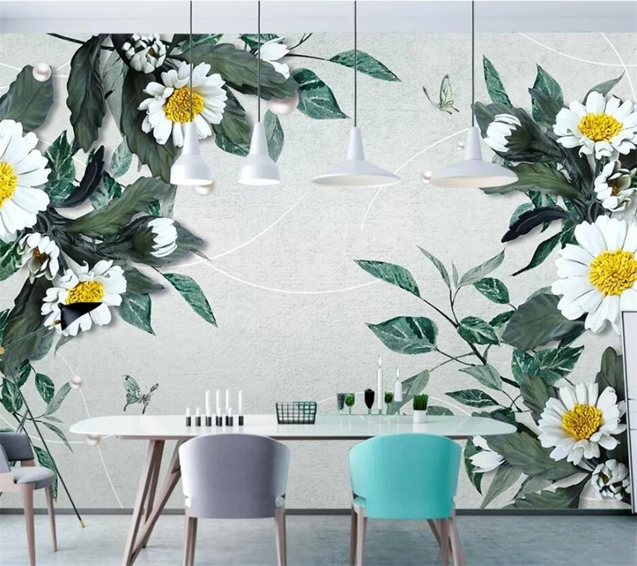 wellyu Custom large wall painter with chrysanthemum European jewelry flowers light luxury TV sofa background wall