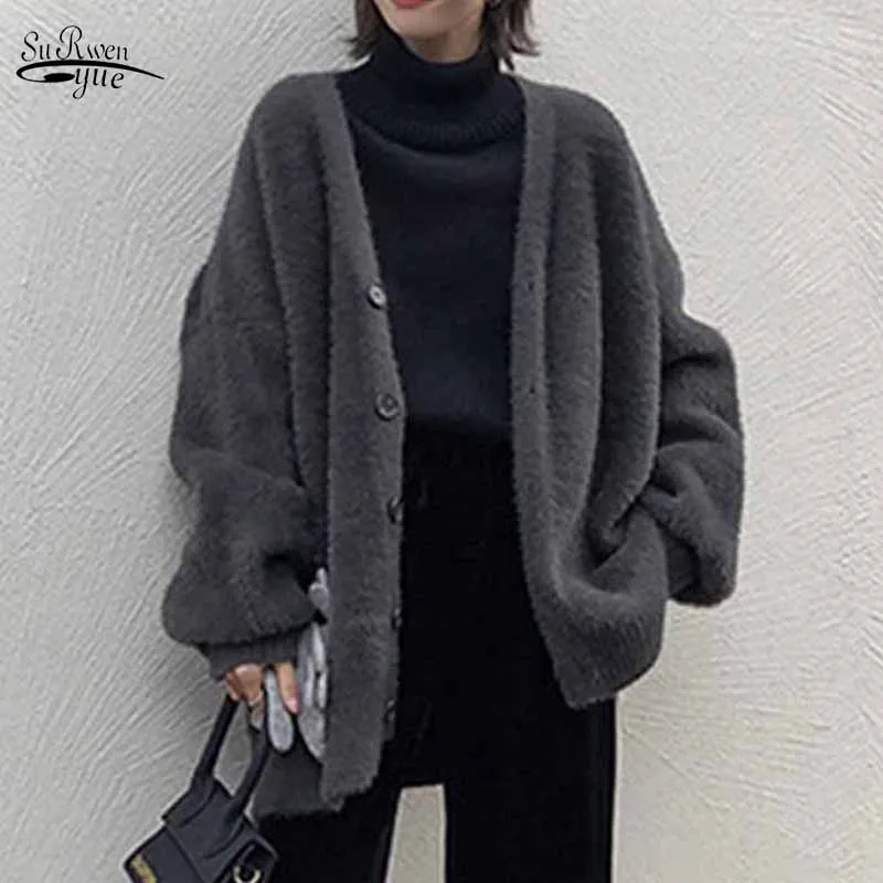 

2023 V-neck Faux Mink Fleece Knitted Jumper Cardigan Sweater Winter Solid Apricot Slim Mid-Length Loose Sweater Coat Women 11650