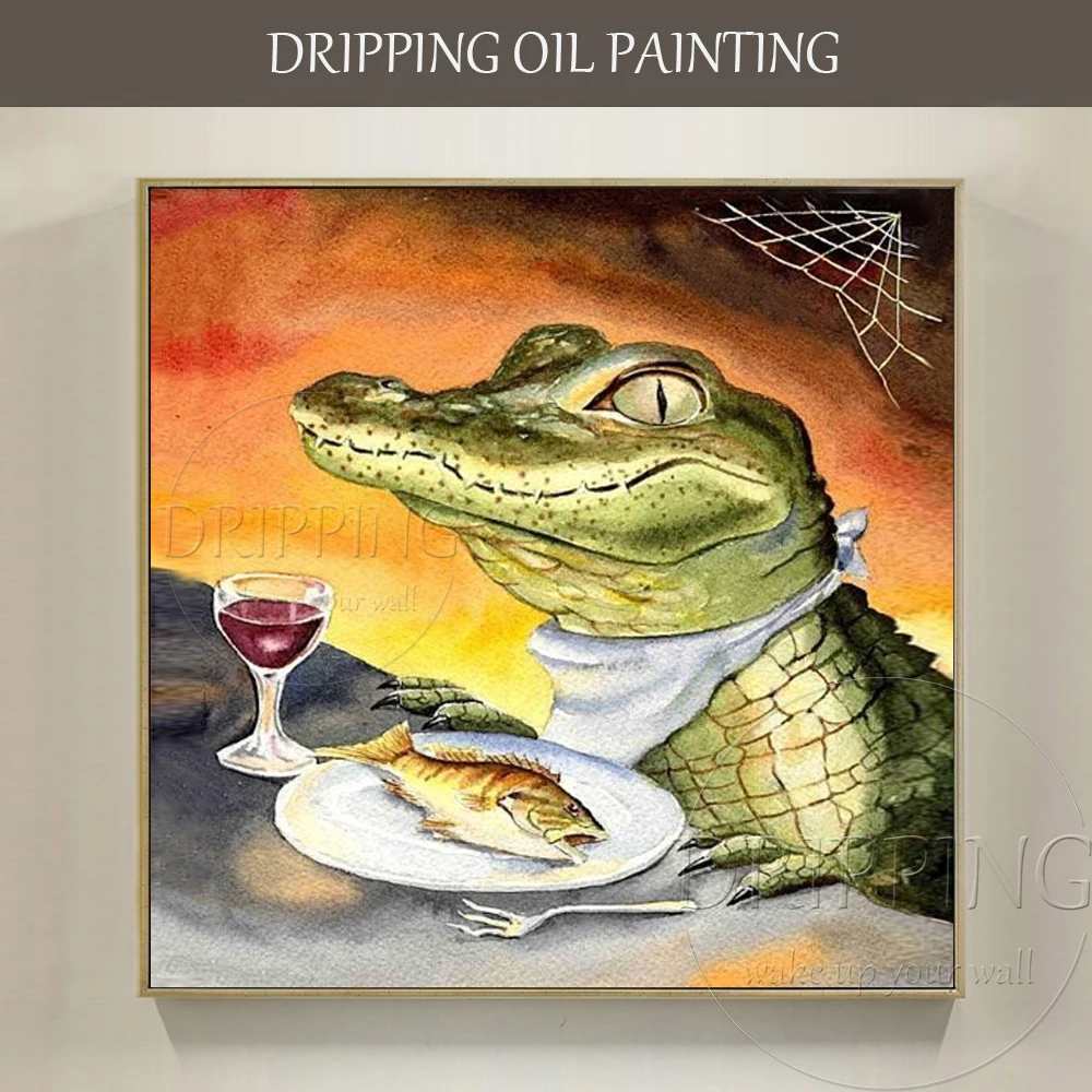 

Hand-painted Funny Animal Crocodile Oil Painting on Canvas Funny Crocodile Having Dinner Fish Oil Painting for Kitchen Decor