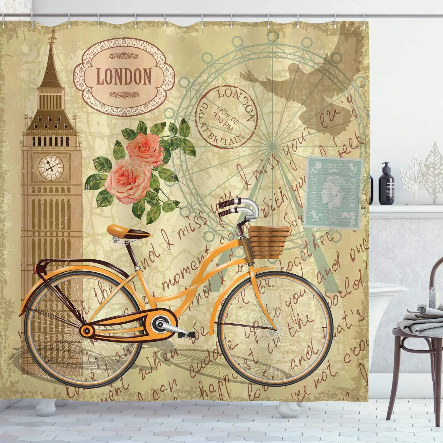 Vintage Design with Stamp Big Ben and Bicycle Blossoming Rose, Cloth Fabric Bathroom Décor