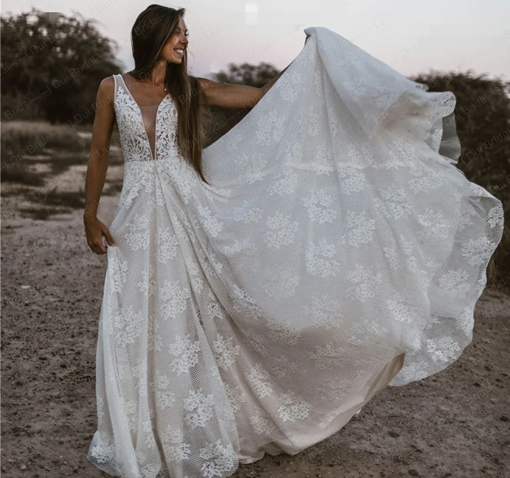 Abiti da sposa Sexy Boho con scollo a V 2021 abito da sposa in pizzo con perline di cristallo perlato abiti da sposa su misura