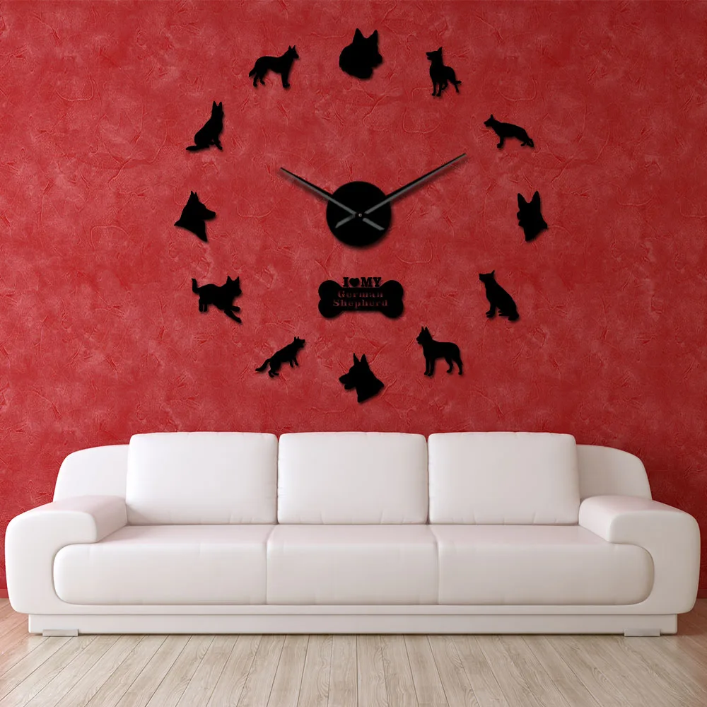 German Shepherd DIY Wall Clock Deutscher Schferhund Giant Wall Clock With Big Needles Mirror Effect Alsatian Wolf Dog Wall Art