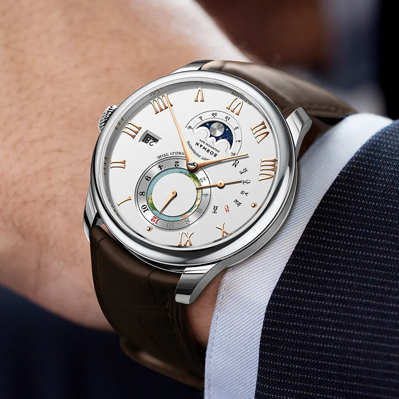 ساعة بورمان الفاخرة للرجال، ساعات أوتوماتيكية للرجال، ساعة يد ميكانيكية 50 متر مقاومة للماء، حزام من الجلد الياقوت، تاريخ شهر وأسبوع