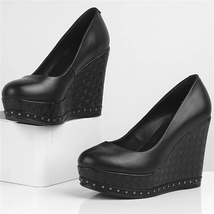 

Casual Shoes Women Genuine Leather Wedges High Heel Ankle Boots Female Round Toe Platform Pumps Shoes Slip On Low Top Mary Janes