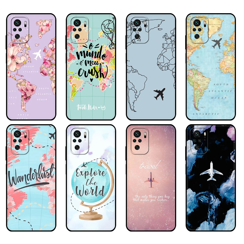 Black tpu Case For Xiaomi Redmi 9T Case Redmi Note 9T Note 10 Pro Case Airplane Map Travel