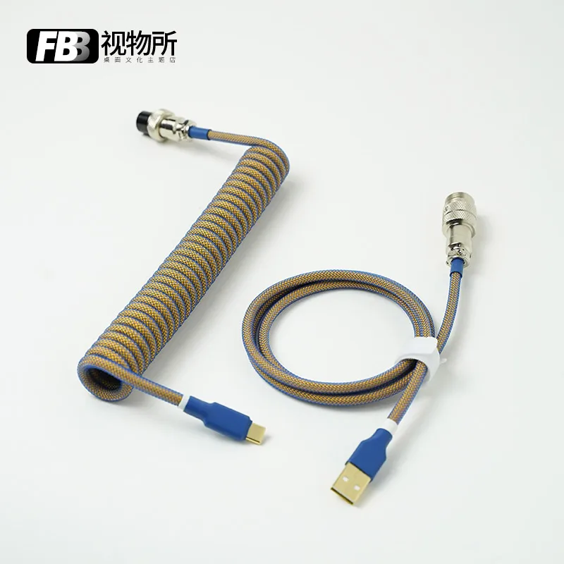 FBB Cables Type C Aviation Plug Separate Mechanical Keyboard Cable Spiral Braided Keycap Line USB Yellow and Blue Handmade