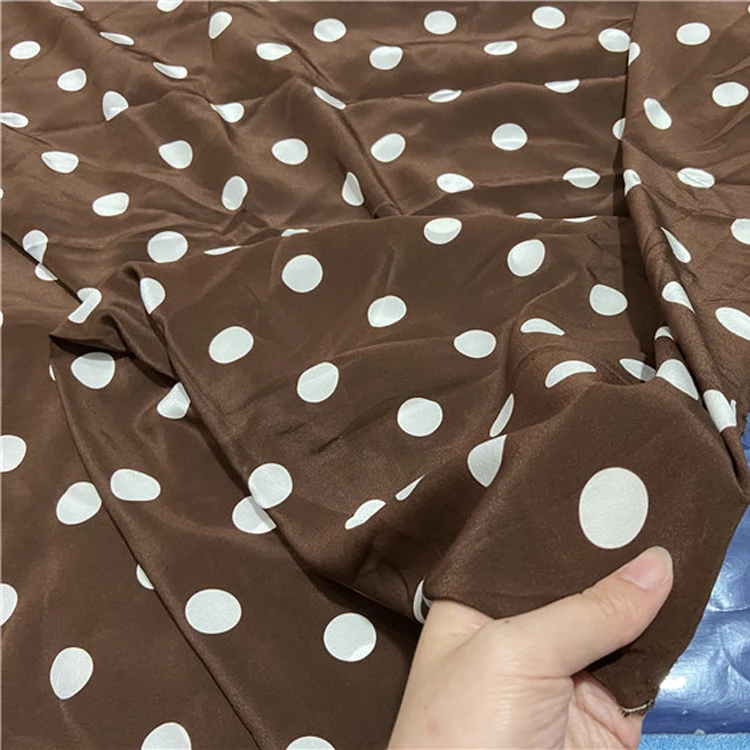 White polka dot on brown pure silk crepe de chine silk fabric 16momme thickness,SCDC1313