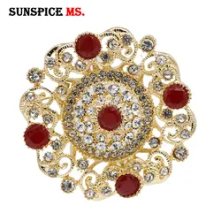 Sunspicems Gold Color Algeria Morocco Brooch For Women Red&Green&Blue Crystal Vintage Bridal Wedding Jewelry DuBai Broches Gift