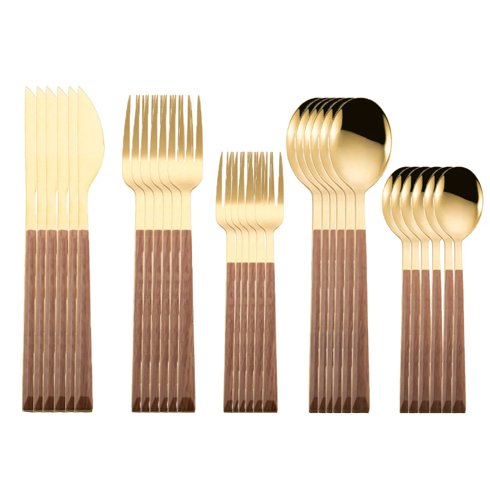 30pcs Dinnerware Set Imitation Wooden Handle Gold Cutlery Set Marble Stainless Steel Knife Fork Spoon Tableware Cutleries Sets