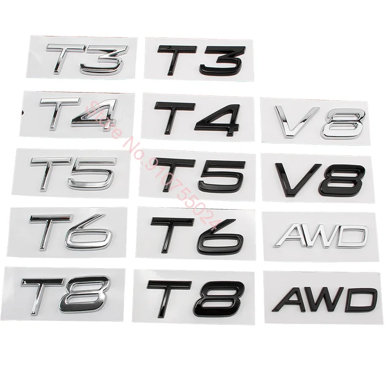 

ABS Letters Numbers Emblem T0 T3 T4 T5 T6 T8 V8 AWD Trunk Lid Badge Decal Car Sticker for Glossy Black Matte Black Chrome