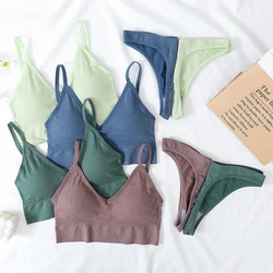 Women Bra And Panties Set U Back Bra Seamless Underwear Sport Cropped Top Low Waist Thongs Sexy Lingerie Set Fitness Crop Top