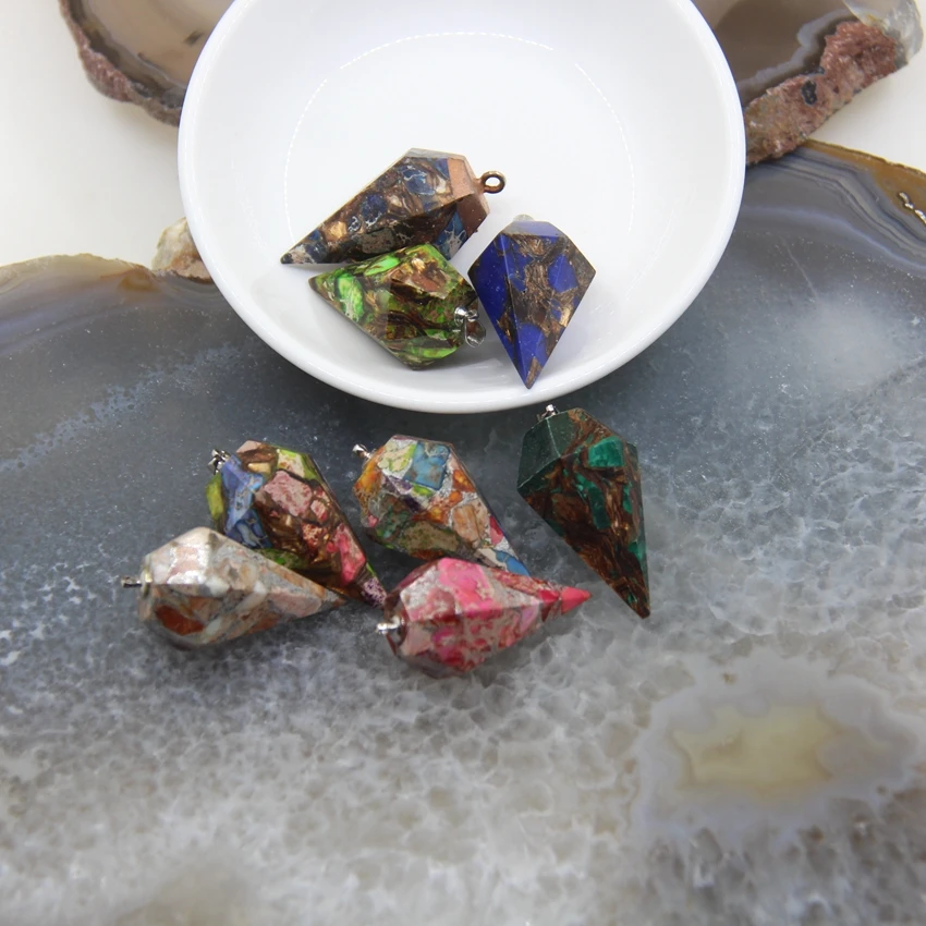 1pcs Natural Emperor Stone Taper Shape Pendant,Sea Sediment Imperial Jaspers Stick Points Pendulum Necklace DIY Jewelry Gift
