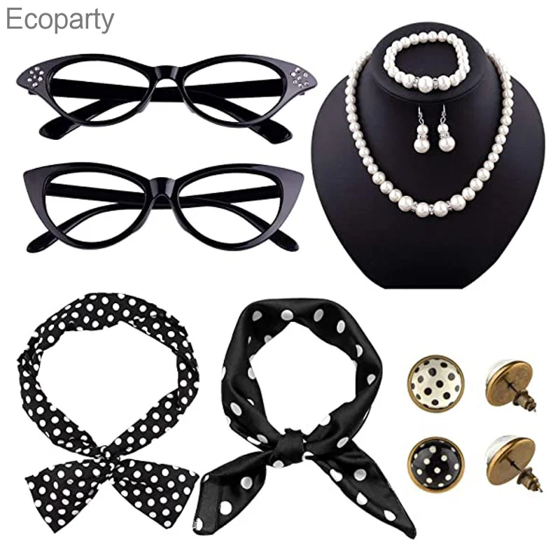 12 Pieces 50s Costume Accessories Set Cat Eye Glasses Fancy Dress for Women 1950s fancy dress party supplies