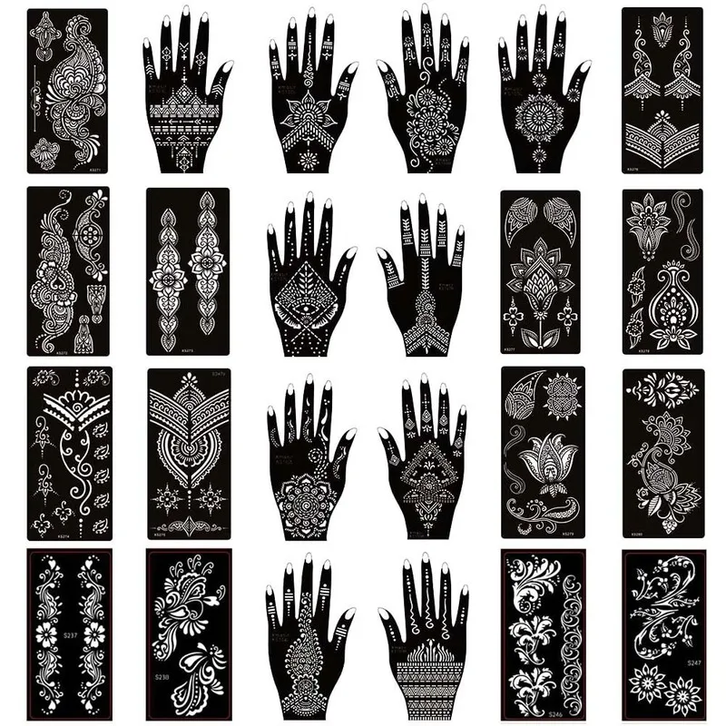 24pcs/Lot Indian Henna Tattoo Stencil Kit,Mehndi Aribrush Templates for Wome Body Paint Self-Adhesive Reusable Tattoo Sticker