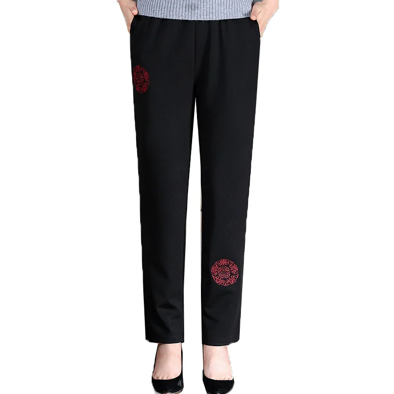 

Middle-Aged Elderly Women Trousers Spring Autumn Pants High Waist Embroidery Pants Add Velvet Winter Straight Keep Warm Pants 4X