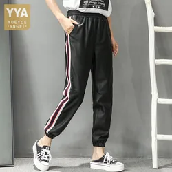 Fashion Women Casual Genuine Leather Sweatpants Elastic Waist Ankle Length Pants Streetwear Loose Fit Stripe Sheepskin Trousers