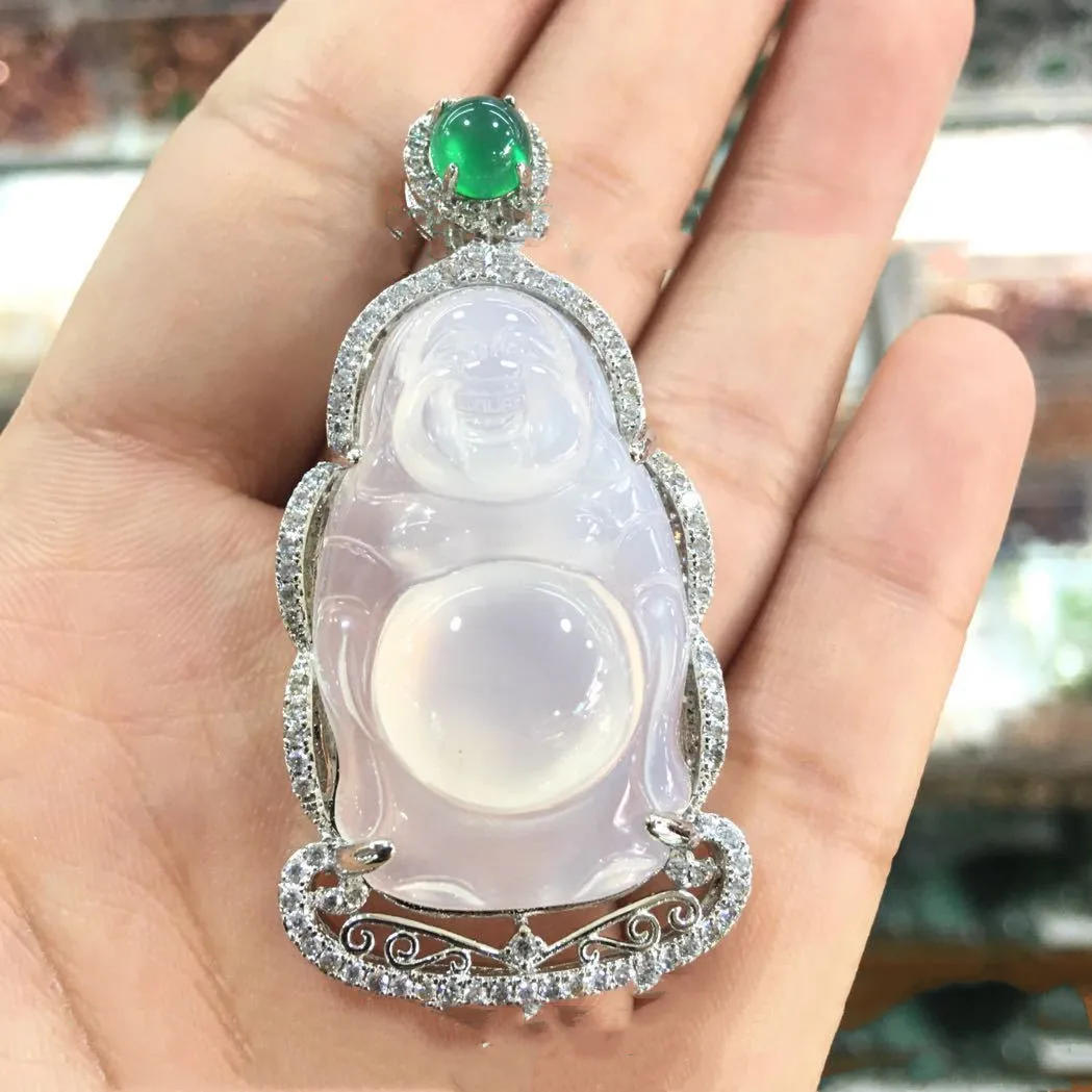 New Agate White Jade Marrow Inlay Station Buddha Pendant Female Joker Necklace Pendant Jewelry