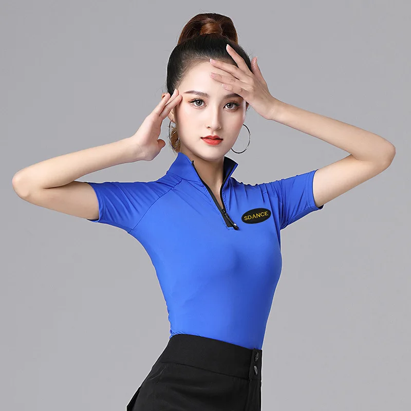 Women Summer Short-sleeved Zipper Fashion Latin Dance New Modern Dance Clothes Practice Clothes High Neck Ballroom Dance Clothes