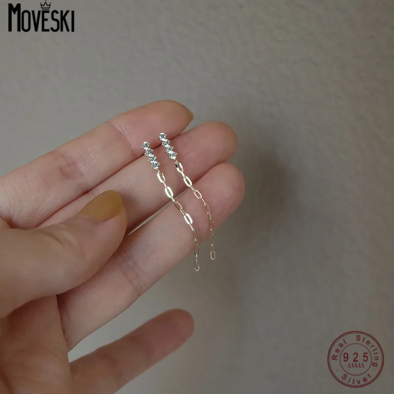 

MOVESKI 925 Sterling Silver Korea Temperament Shiny Zircon Tassel Stud Earrings for Women Fashion Wedding 14K Gold Jewelry