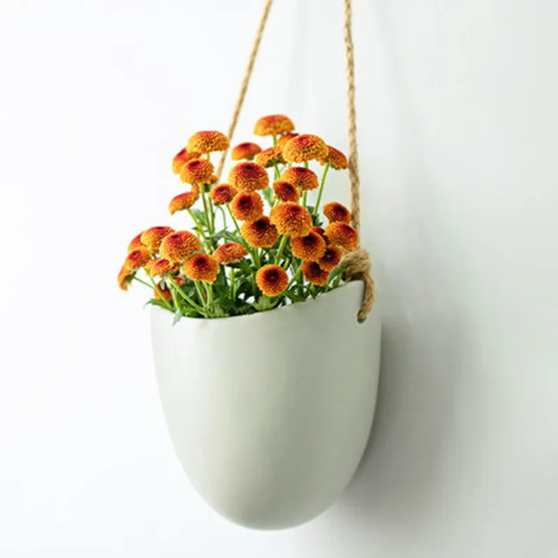 

Hanging Ceramic Vase Hydroponics Planter with Rope & Leather Cord Wall Hook Flower Pot Home Decorative Green Plant Storage Jar