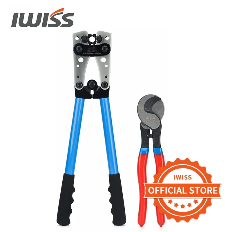 IWISS HX-50BI Battery Cable Lug Crimping Tool from AWG 8- 1/0 with Cable Cutter Pliers Hand Tools Crimp Flat Nose Carbon Steel