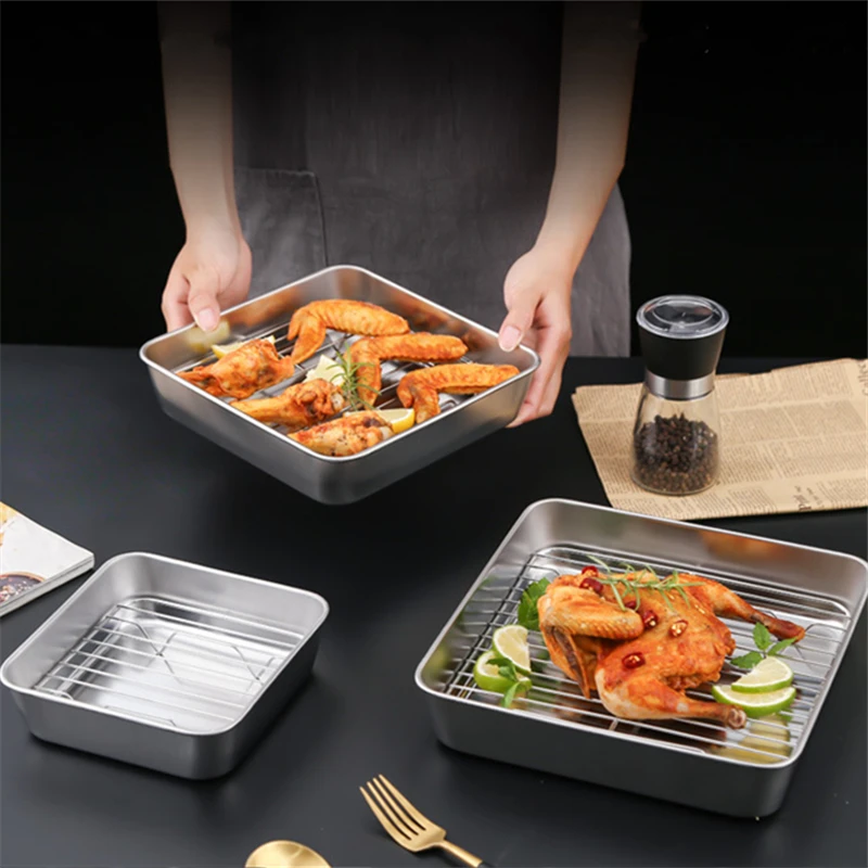 Stainless Steel Square Bakeware Nonstick Pan Baking Tray with Grid Fruit Cookie BBQ Bread Storage Plate Dish Kitchen Utensils