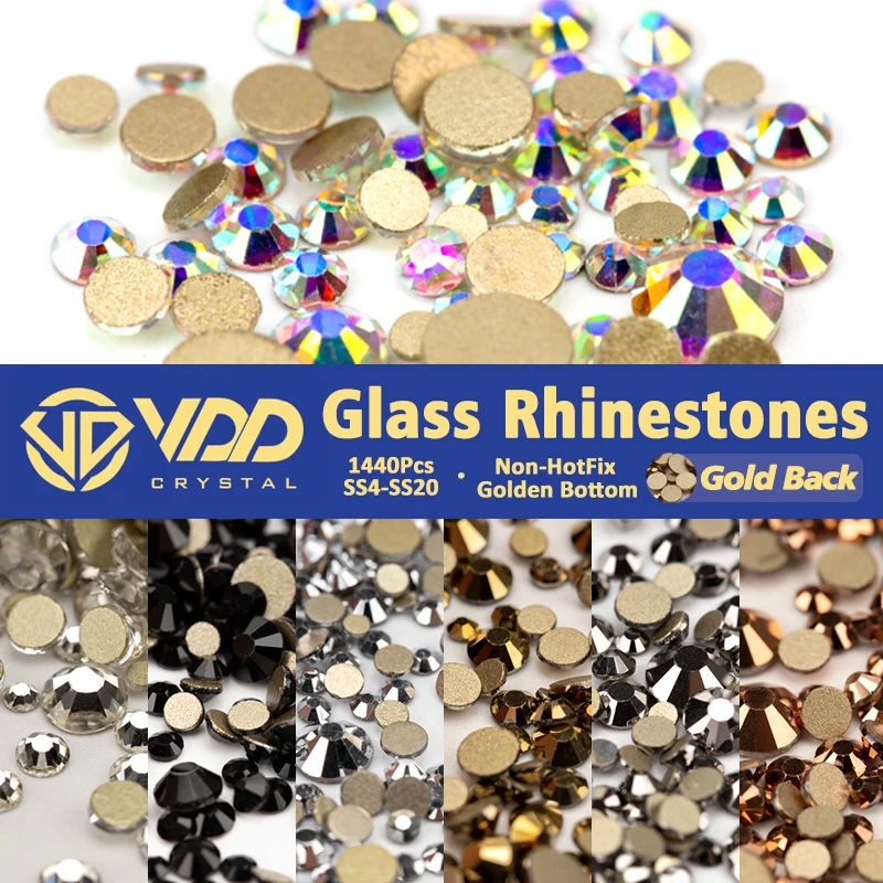 VDD 1440Pcs SS4-SS20 Glass Crystal AB Rose Non Hotfix Rhinestones Gold Flatback Glitter Strass Stones DIY Nail Art Accessories