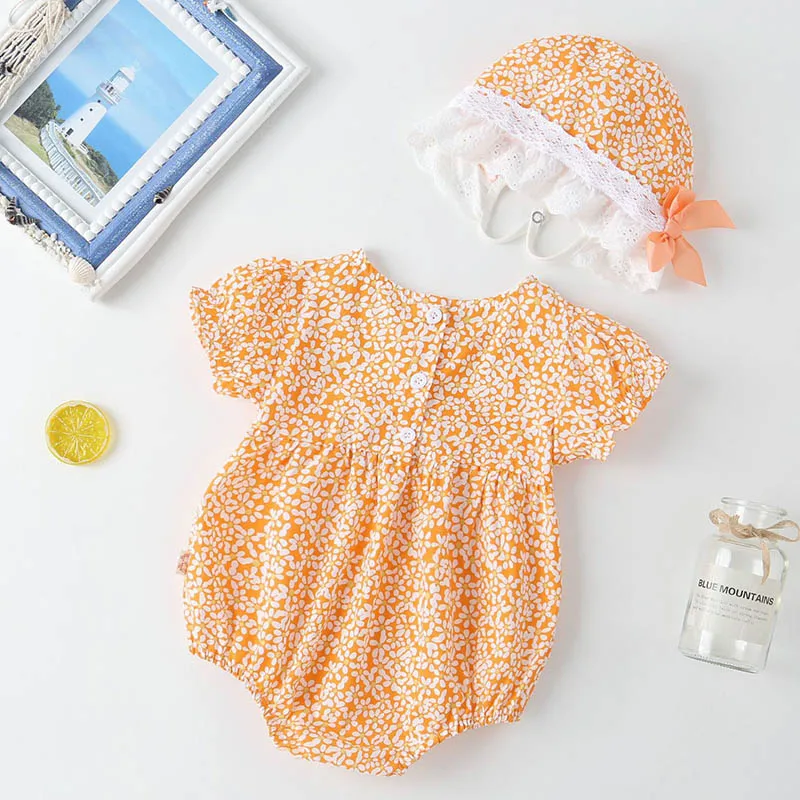 Lace Stitching Flower Printing Bodysuits+Hat Summer Infant Baby Girls Jumpsuit Cotton Short Sleeve Baby Girls Clothes