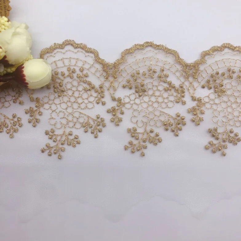 2 Meters Delicate Gold Flower Lace Trim for Sewing DIY Garment Accessories 10.5cm Handmade Lace Decoration Materials Fabric