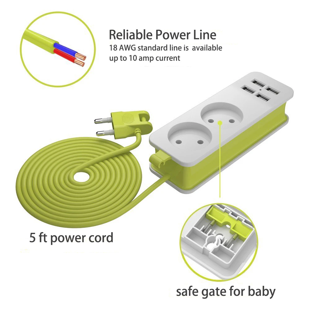 4.0mm/4.8mm EU /KC Plug Power Strip With 4 USB Portable Extension Socket Plug AC Power Travel Adapter USB Smart Phone Charger