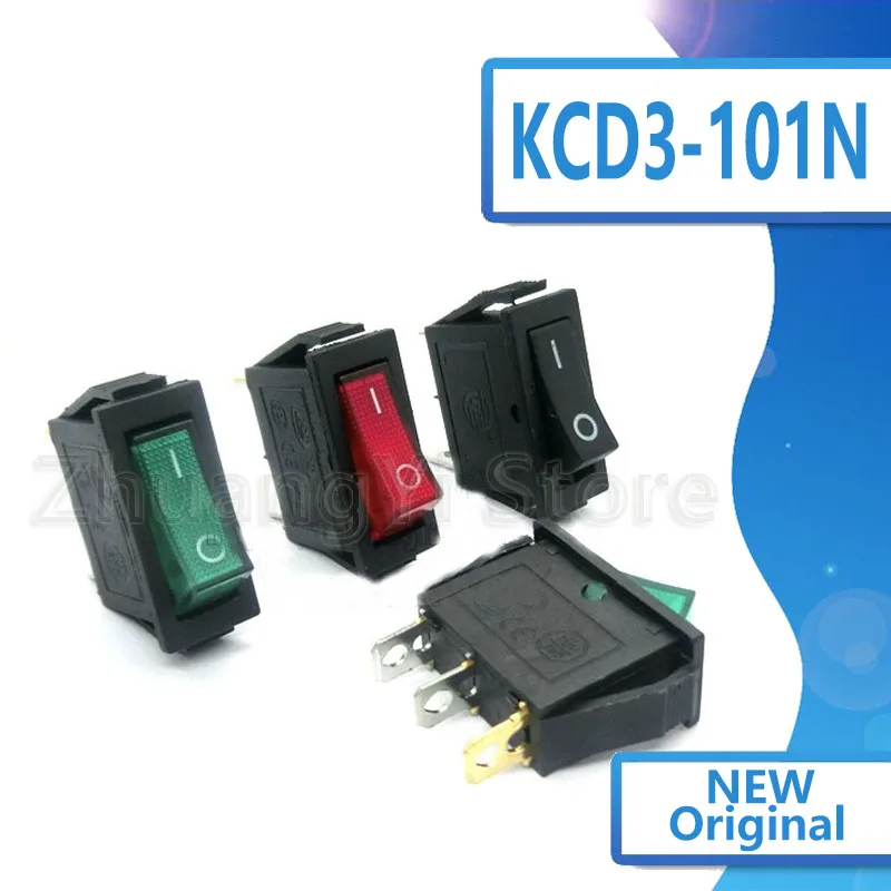 5Pcs/Lot KCD3 KCD3-101N Red Green Black Light 3-Pin 2-Files 16A/250V Rocker Switch Seesaw Power Switch