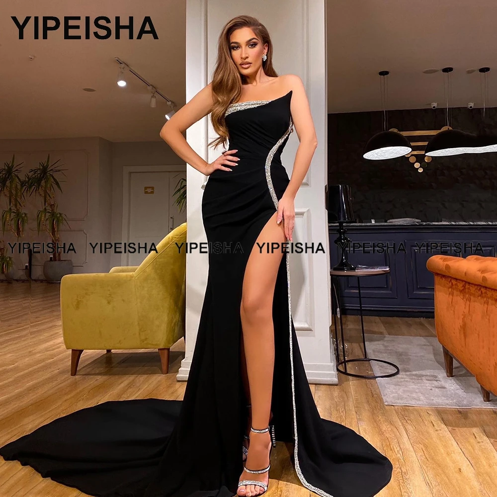 Yipeisha cristais de luxo preto pageant festa vestido strapless sereia vestidos de noite formal lado fenda longo vestido baile 2022