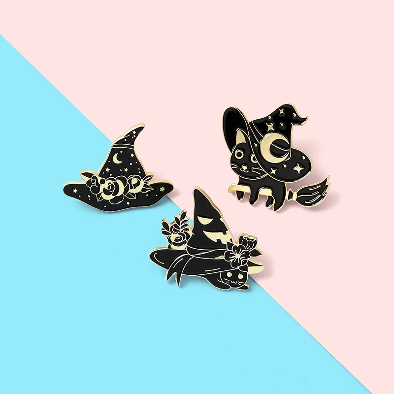 Witch Cats Enamel Pin Custom Starry Wizard Hat Brooch Bag Clothes Lapel Pin Black Gothic Badge Witchcraft Jewelry Gift Friends