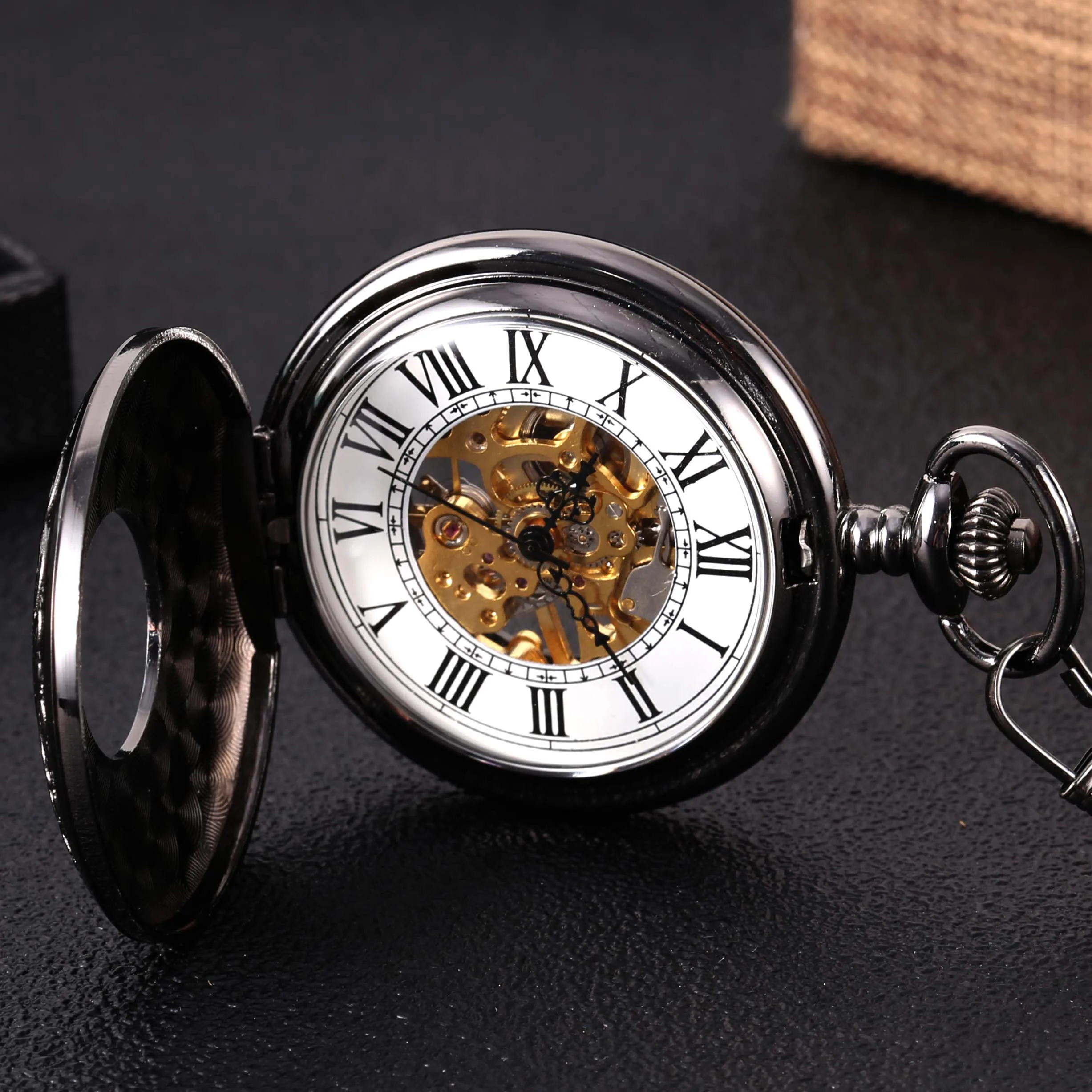 Black carved white face Roman scale mechanical large pocket watch