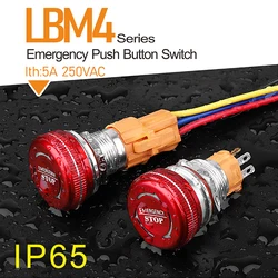 LANBOO 16mm 19mm 22mm Mushroom emergency stop push button switch with led 12V24V light luminescence