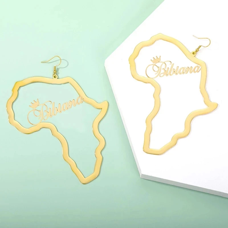 Anniyo-pendientes grandes de acero inoxidable con nombre personalizado para mujer, joyería étnica tradicional, mapa africano, exageración